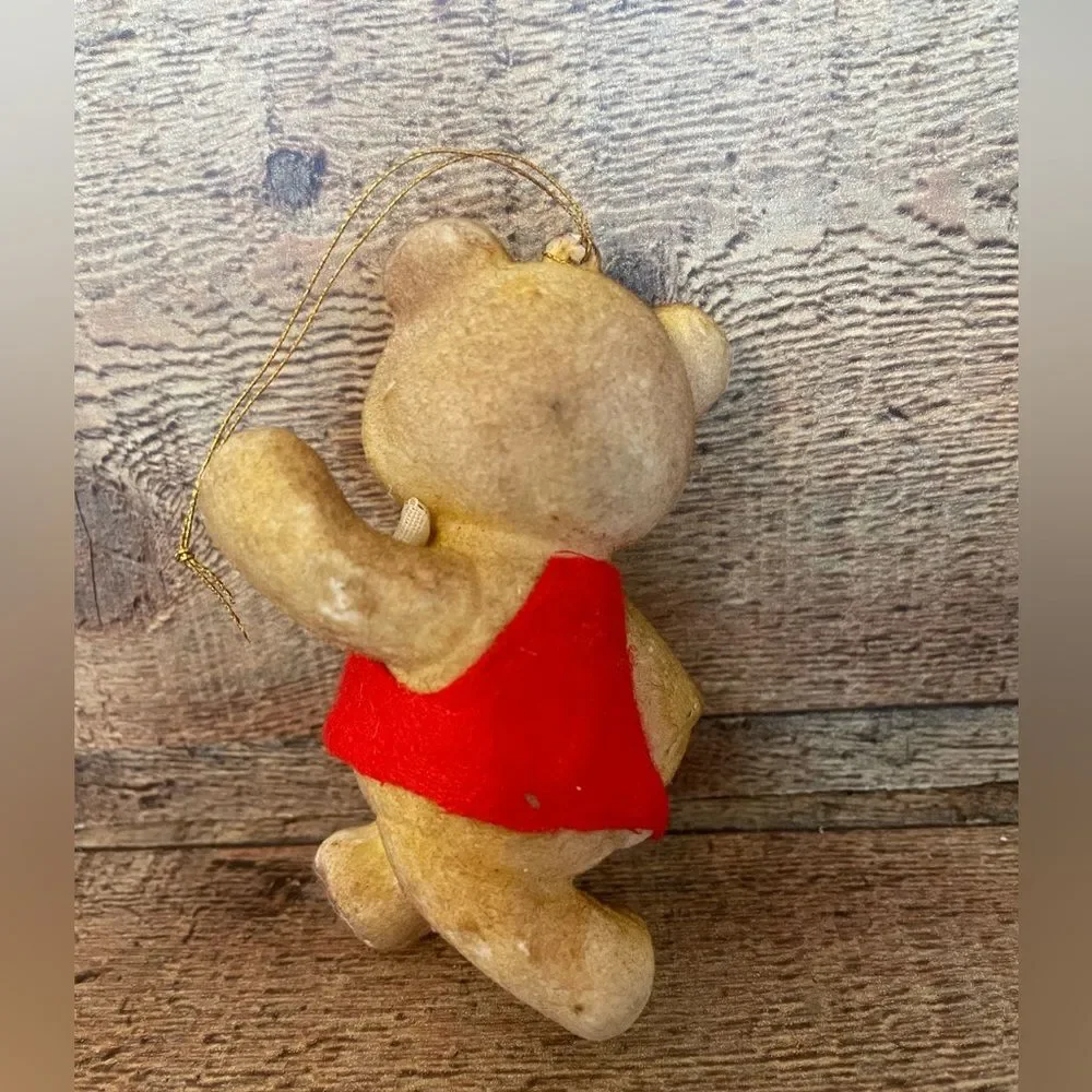 Vintage 1960’s Flocked Teddy Bear Christmas Ornaments-set Of 2 Red Felt/Bow Ties